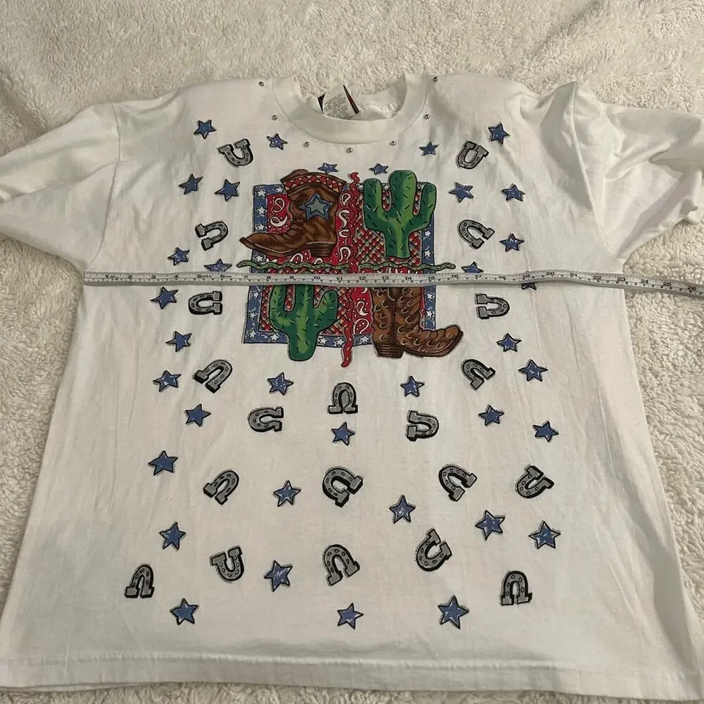 VTG 90's Cowgirl Western Graphic T-Shirt Embellished Made in USA Boho Indie - Picture 6 of 8